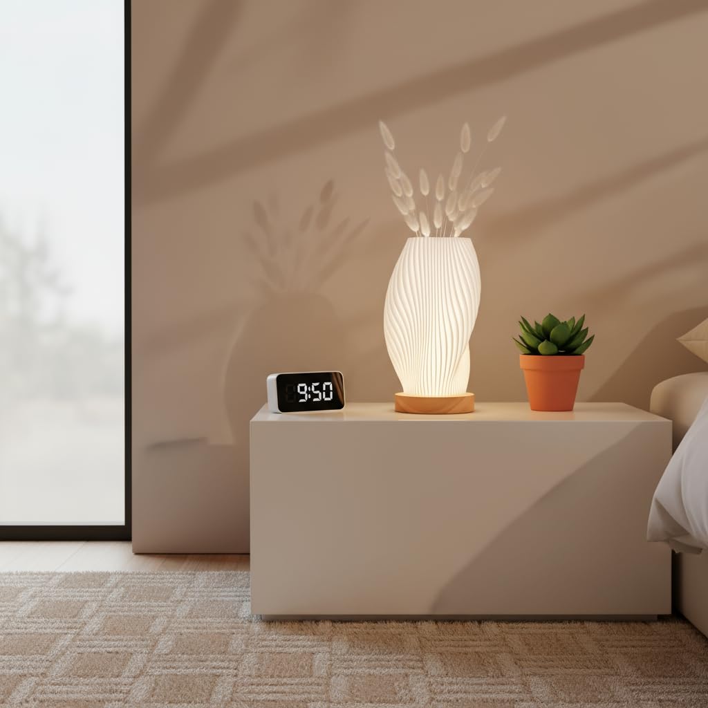 Tafunker Modern Table Lamp with Wooden Base, Decorative Mesh Pattern, Warm White Light for Bedside (Wave Pattern, Large)