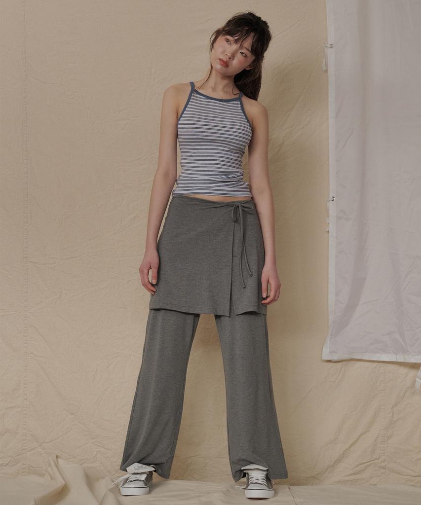 Okkitteu Layered Wrap Skirt Pants Gray
