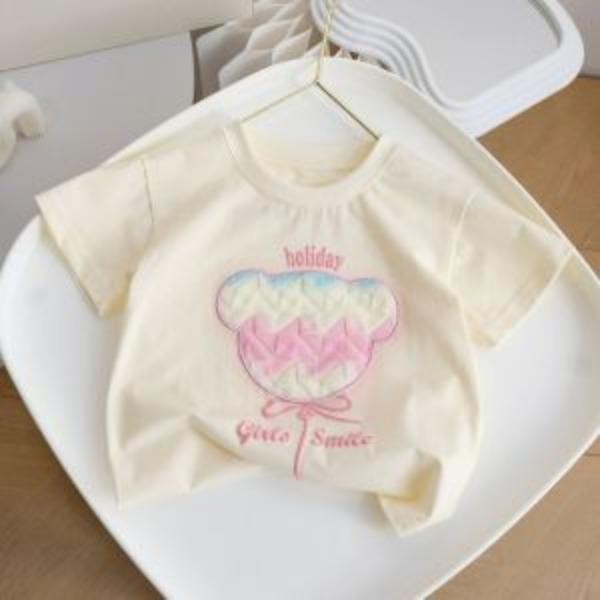 

Summer Children s Printed Short Sleeved T-shirt Women s Embroidered Patch Fabric Three-dimensional Loose Half Sleeved Top 160 бежевый