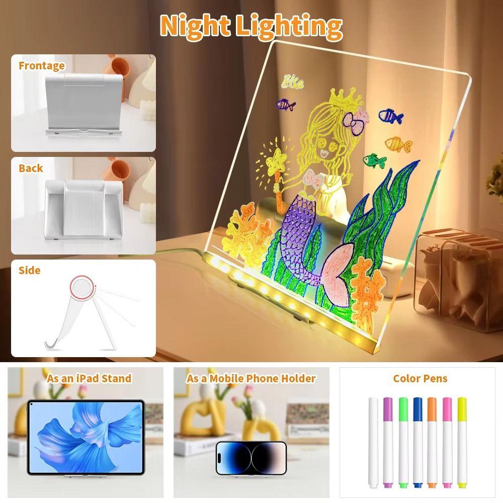 Colorful 7 Pens LED Note Board with Night Light Desktop Illuminated Wordpad  Bar Advertising