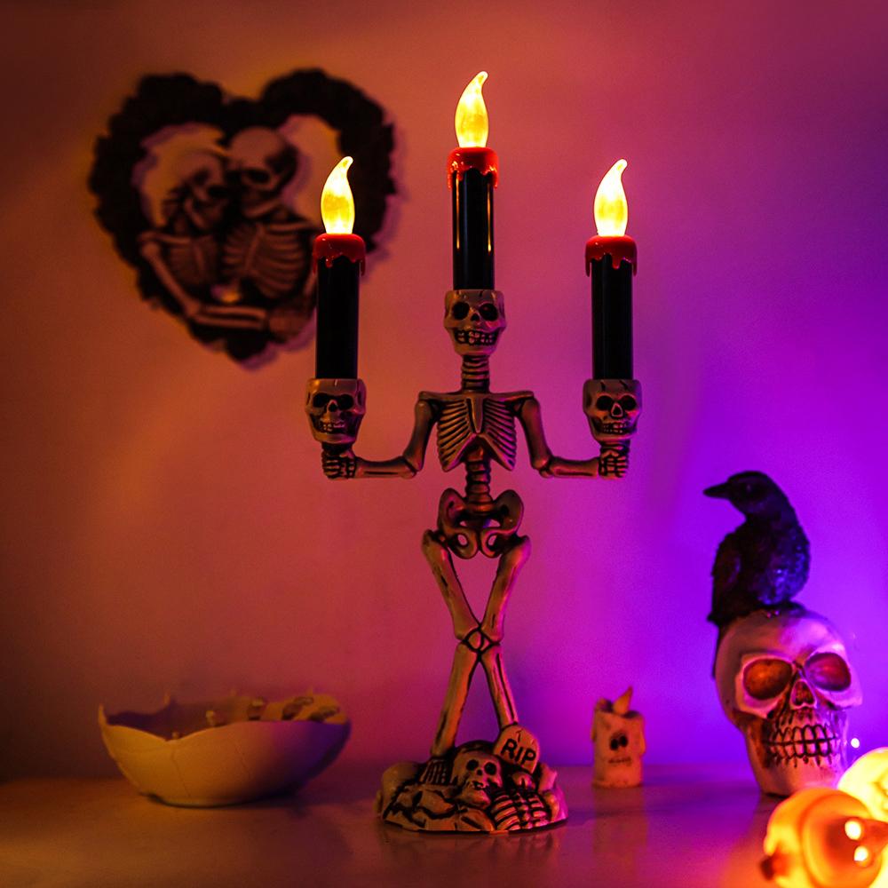 Halloween Decor Candles Battery Operated LED Skull Flickering Candles Spooky Halloween Candlesticks Light Home Decoration For