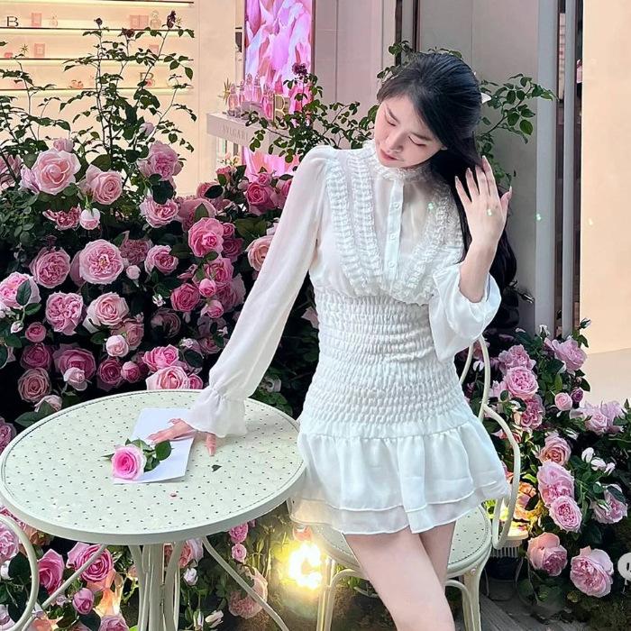 Spring and Autumn new small white fairy chiffon dress female design sense niche French waist and thin S