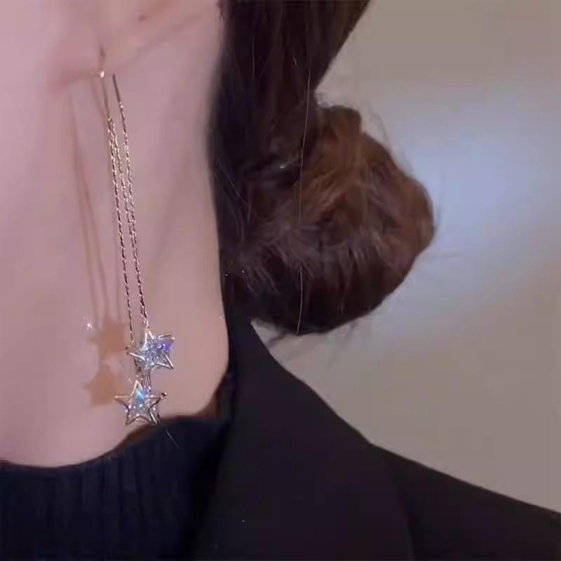 Super Fairy Zircon Five-star Earrings, Earrings, Personalized Fashion, Long Fringed Earrings, Light Luxury, High-end Temperament Earrings.