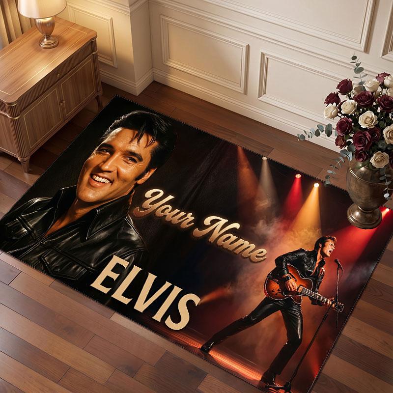 Tappeto di Cristallo Vellutato Personalizzato Elvis Presley, Tappeto Morbido Antiscivolo con Testo Nome Personalizzato per Soggiorno Camera da Letto