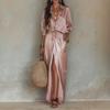 Womens Satin Shirt Split Hem Skirt Set Casual Office Wear Outfit