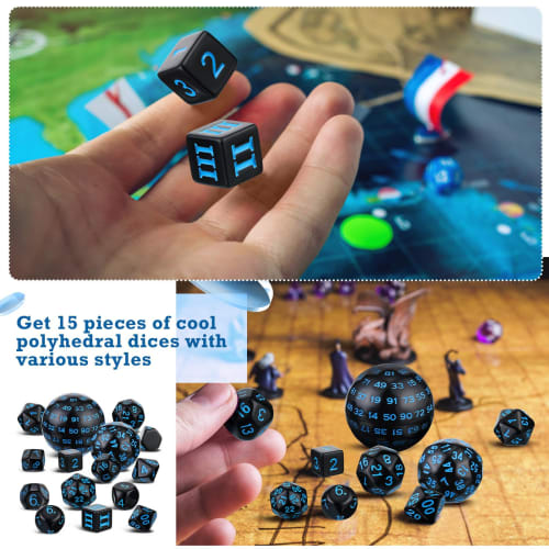 Civaner 15-Piece Polyhedral Dice Set, D3-D100 Spherical RPG Dice Set, Opaque Black, for Role-Playing Tabletop Games and Party Supplies, 100 Sides (Bla