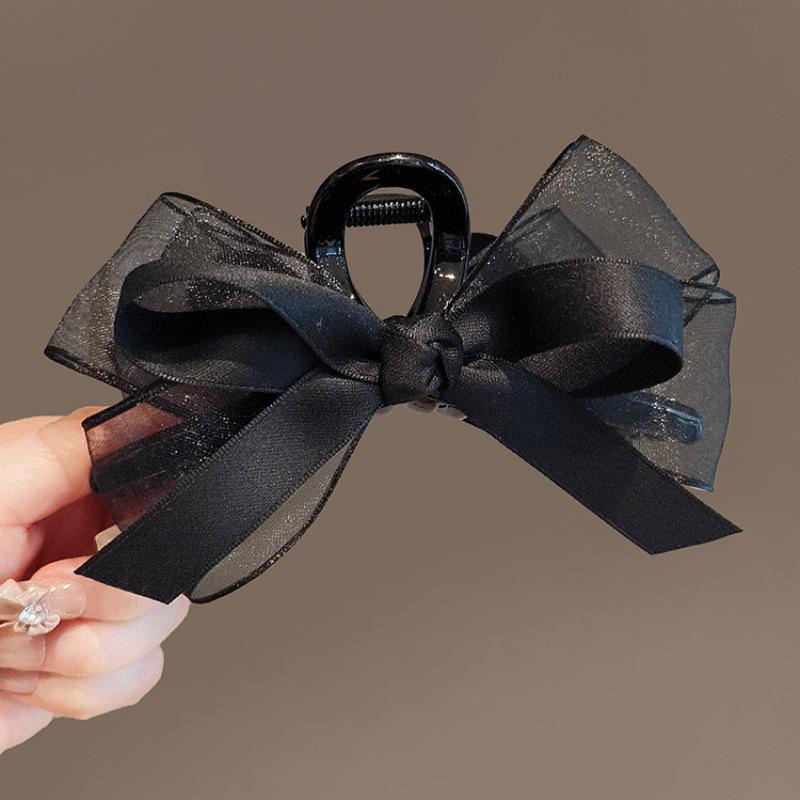 Large Black Mesh Bow Hair Clip for Thick Hair - High-End Updo Hairpin Headdress Shark Clip