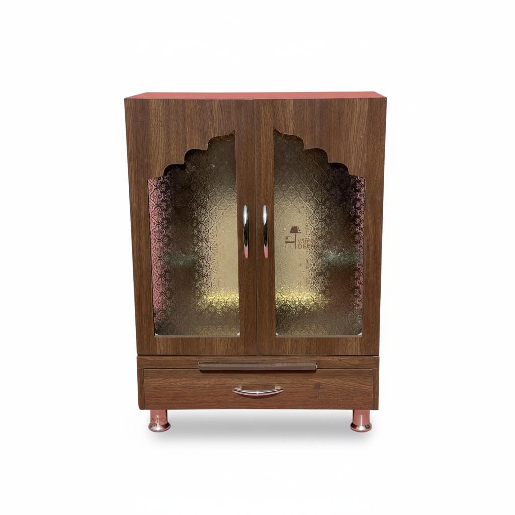Wooden Pooja Mandir | Handicrafted Home Temple | Indian Prayer Altar with Doors | Wall With Glass Pooja Cabinet | Traditional Hindu Mandir