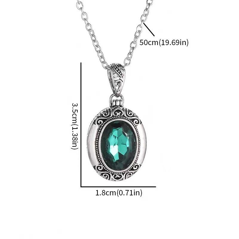 Retro Luxury Emerald Crystal Necklace Stainless Steel Filigree Carved Oval Gemstone Box Pendant Choker for Men Women Jewelry