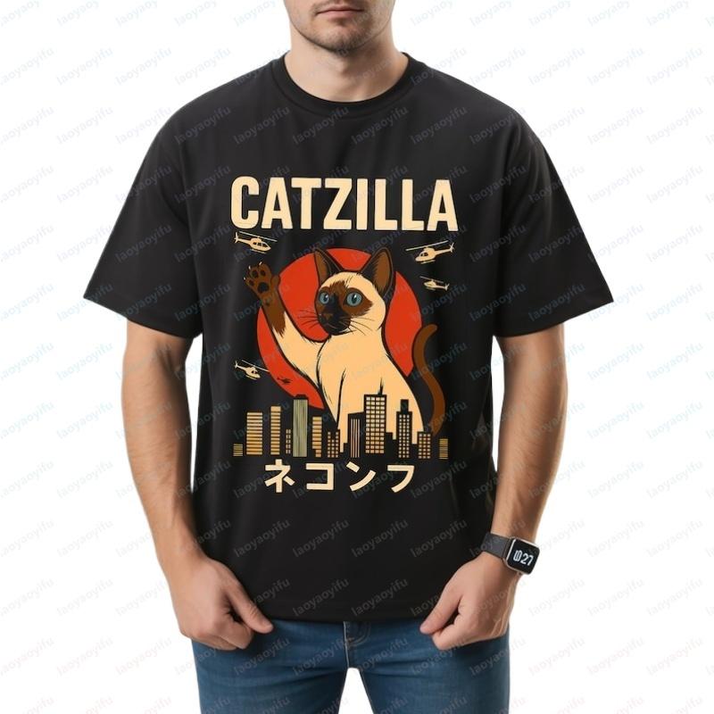 Catzilla Siamese Cat Men Women Cotton Shirt Funny Japanese New Style TShirt Kaiju Anime Kawaii Monster Retro Tokyo Tops Gifts S разноцветный