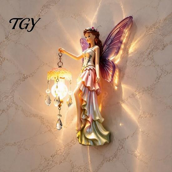 Romantic Bedroom Night Light Fairy Wall Light, Resin Elf Sculpture Lantern for Bedroom, 3D Elegant Entrance Hall Lighting Hanging Art Decor with Faux