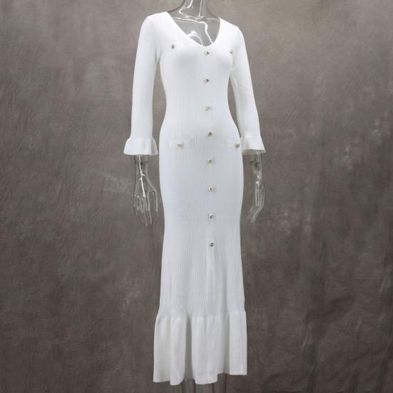 Spring Fall Women Dress Button Decor V Neck Knitted Long Sleeves Slim Fit Patchwork Fishtail Hem Solid Color Stretchy Maxi Dress