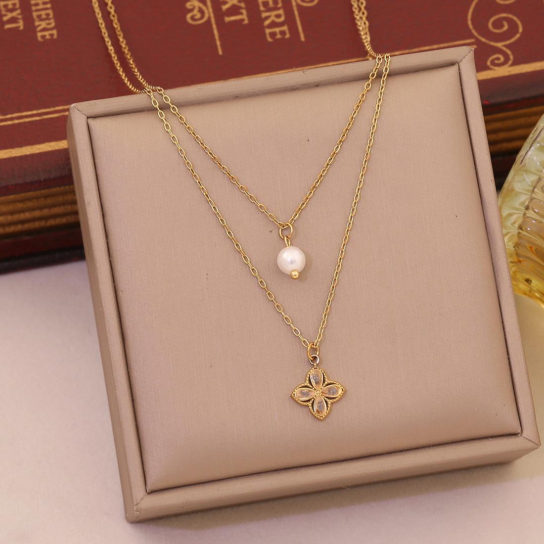 Double-layer heart flower pendant necklace, faux pearl stainless steel clavicle chain, French style neck jewelry жемчужный