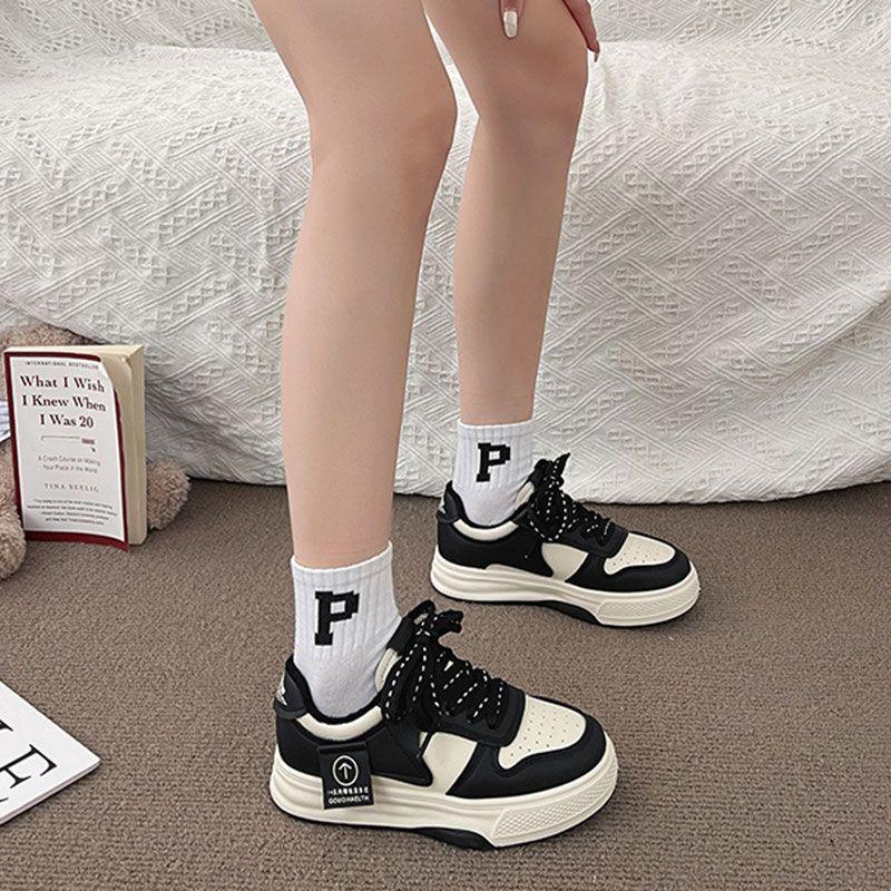 Casual Sports Shoes Board Shoes Women's Sneakers New Muffin Thick Bottom Khaki Black White Color Matching Fashion Women's Shoes