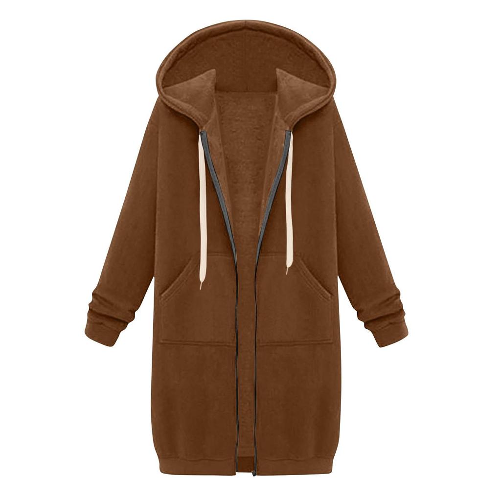 Women Casual Zip Up Hoodie Long Tunic Sweatshirt Winter Windproof Drawstring Hooded Jacket Outerwear Pockets