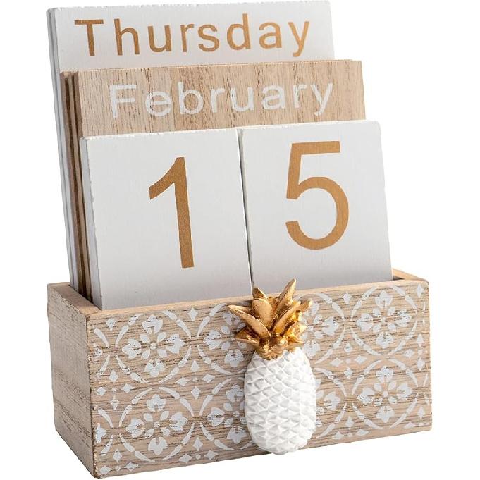 Desktop Perpetual Calendar Wooden Block Retro Calendar for Livingroom Office Shop Bar Desk Decor Week Month Day Display (Green cactus)