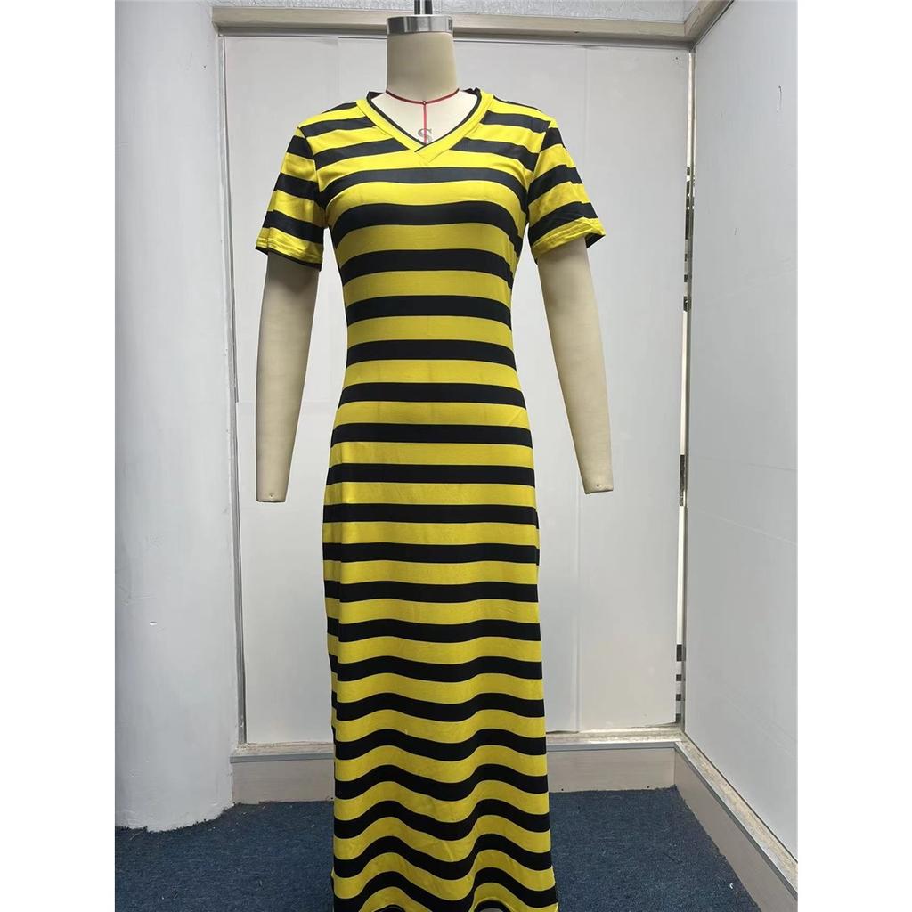 Women's Dress Short-sleeved V-neck Loose Striped Print Slit Long Dress