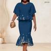 Women Plus Size Round Neck Batwing Sleeve Printed Navy Blue Ruffle Top Fishtail Skirt Two Piece Set