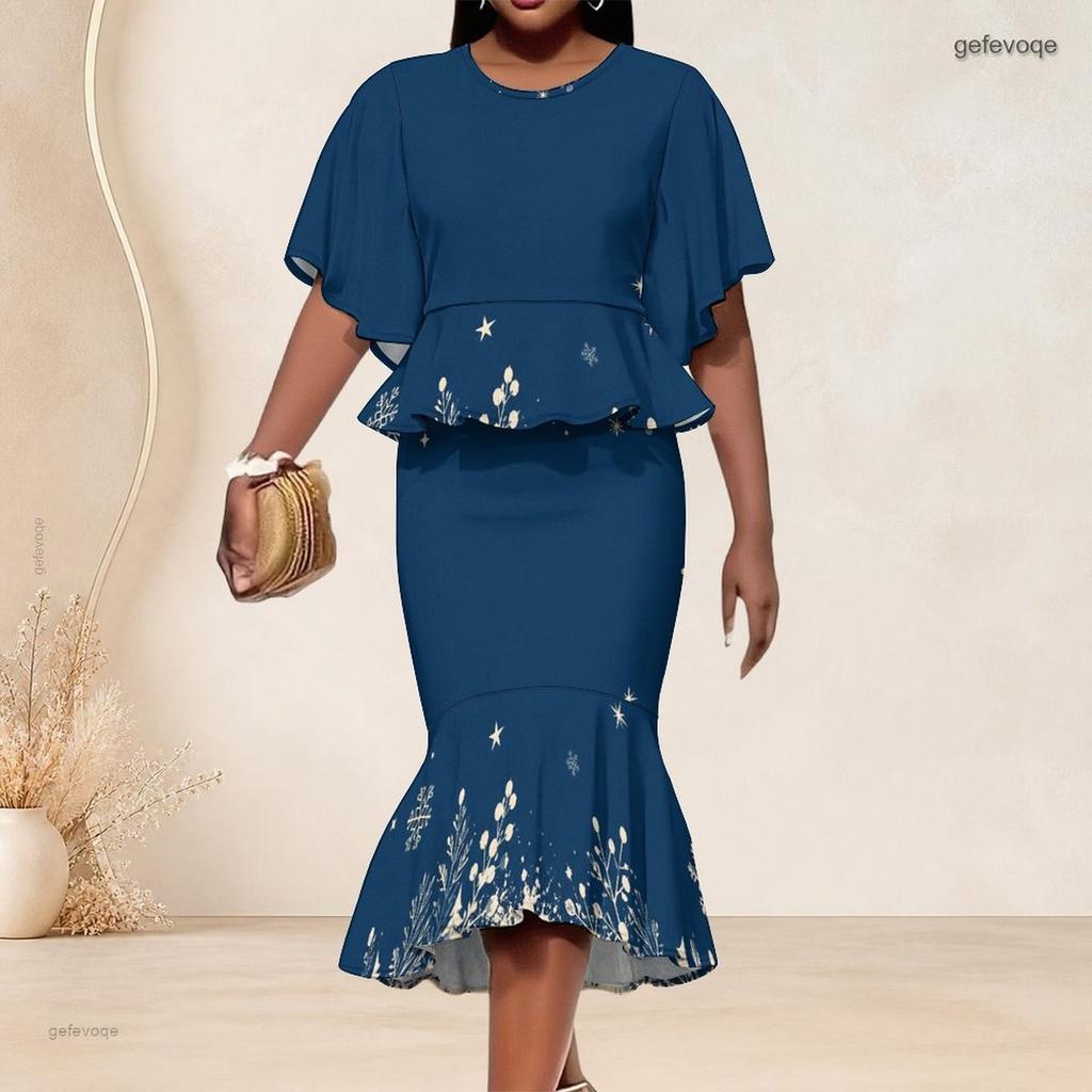 Women Plus Size Round Neck Batwing Sleeve Printed Navy Blue Ruffle Top Fishtail Skirt Two Piece Set