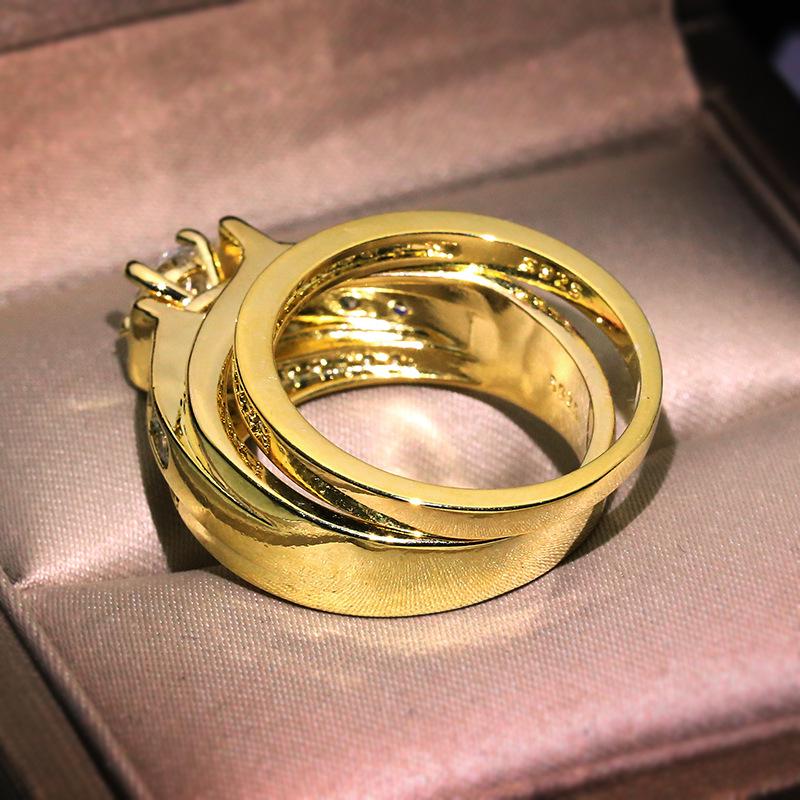 18k Gold Full Diamond Princess Square Diamond Ring, European and American Luxury 2-piece Engagement Ring.