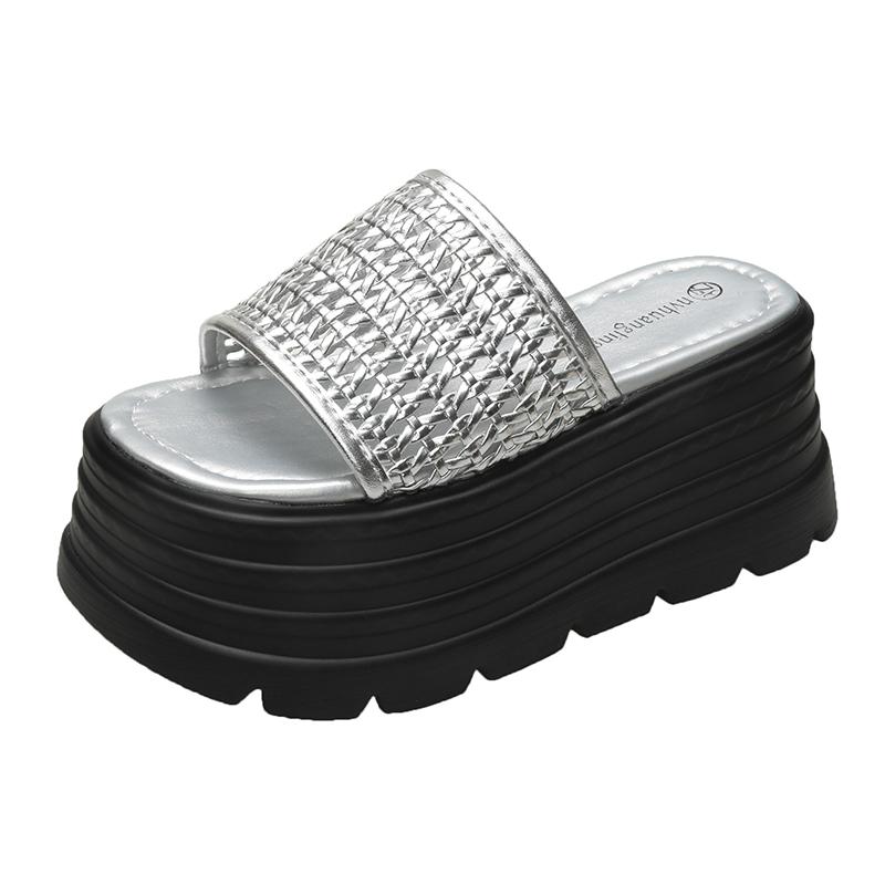 Fashion 8CM Platform Sandals Women 2025 Summer New Non-slip High Heels Weave Leather Slippers Ladies Open-toed Roman Soft Beach Shoes