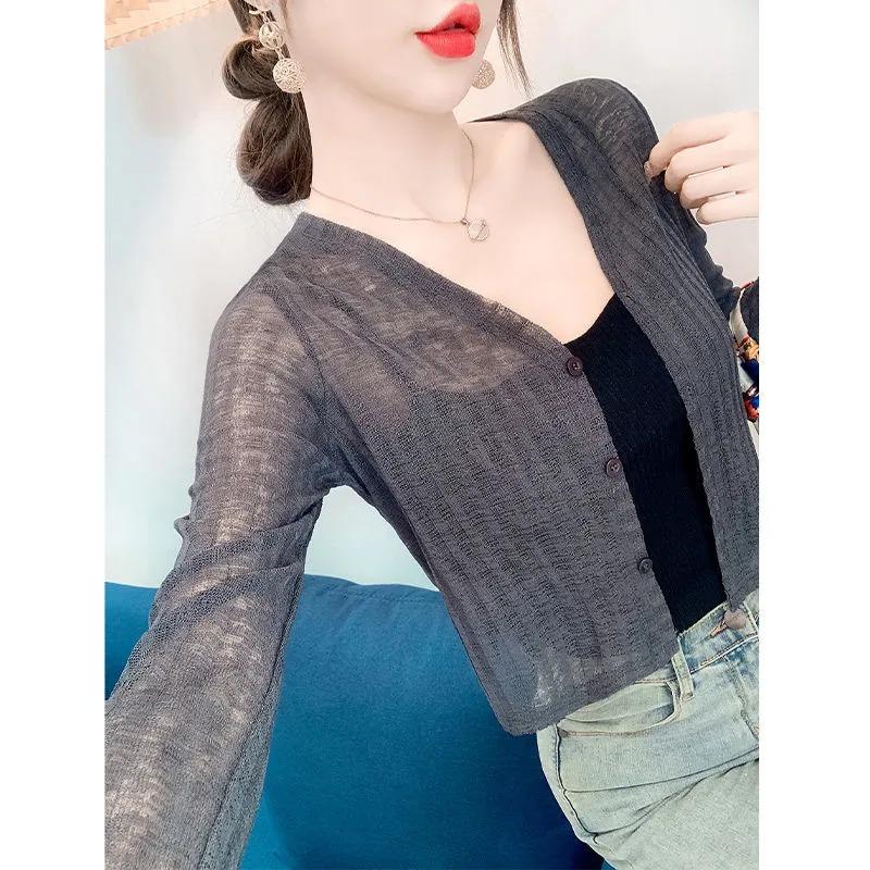 Women s Sheer Knit V-Neck Cropped Cardigan Cover Up S