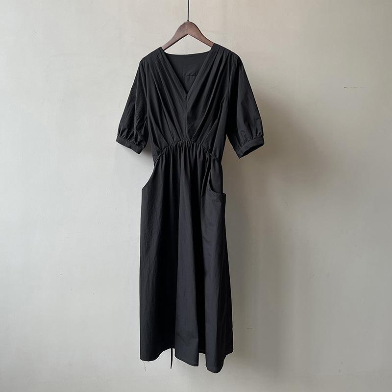 Vintage V-neck Pleated Dress Summer Women's Temperament Tie Waist Mid-length Dress