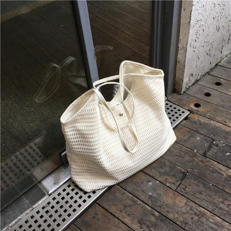 IELGY women's Korean version canvas beach bag, small fresh and large-capacity fishing net tote bag