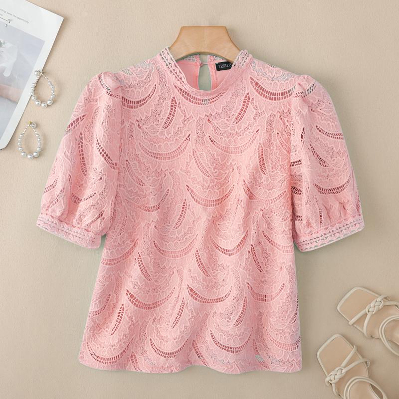

ZANZEA Женская повседневная блузка с круглым вырезом, летняя, с коротким рукавом, пэчворк, кружево 5XL розовый