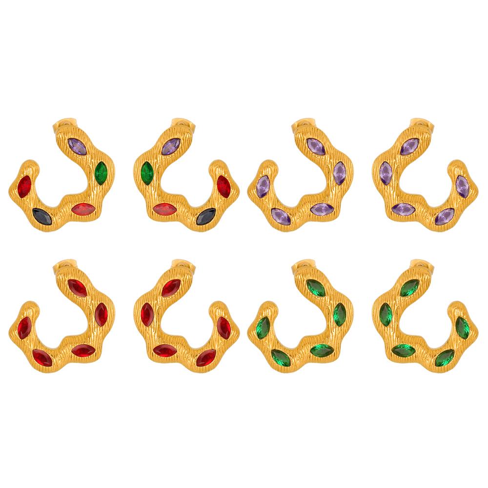 Vintage Multi-color Zirconia Ear Cuffs, 18K Gold Titanium Steel, Elegant Earrings