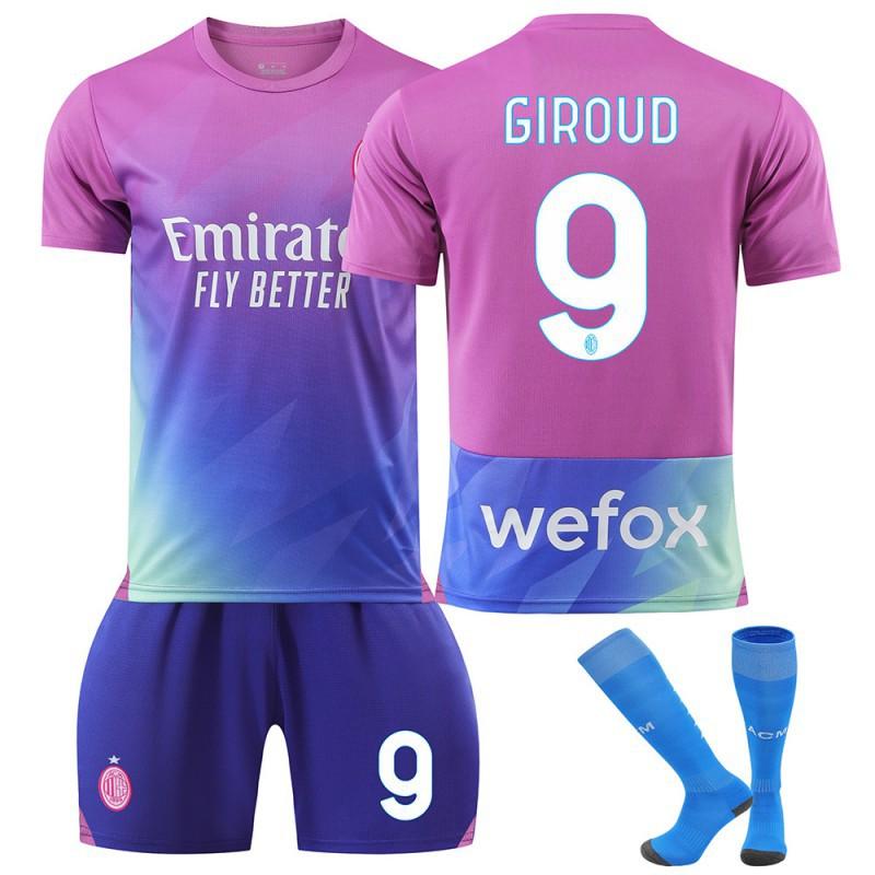 AC Milan 2 Set Maglia da Trasferta N.. 9 Giroud No. 10 Leone No. 11 Pulisic No. 19 Uniformi da Calcio Olimpiche Edizione per Fan