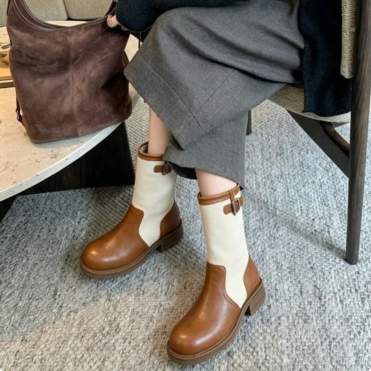 Grape British soft leather splicing thin knight boots women's belt buckle thick heel retro short boots medium boots