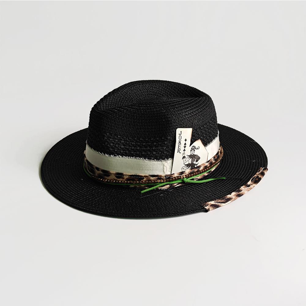 Fashion Black Men'S Summer Straw Woven Fedora Hat Panama Hat Wide Brim Summer Beach Sun Hat Playing Card Accessory