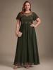 Ever-Pretty Damen Übergröße Perlenbesetztes A-Linien Maxikleid mit Fledermausärmeln Formelles Kleid mit Illusion Halsausschnitt