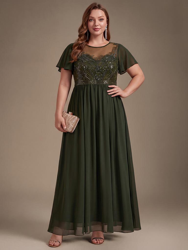 Ever-Pretty Damen Übergröße Perlenbesetztes A-Linien Maxikleid mit Fledermausärmeln Formelles Kleid mit Illusion Halsausschnitt