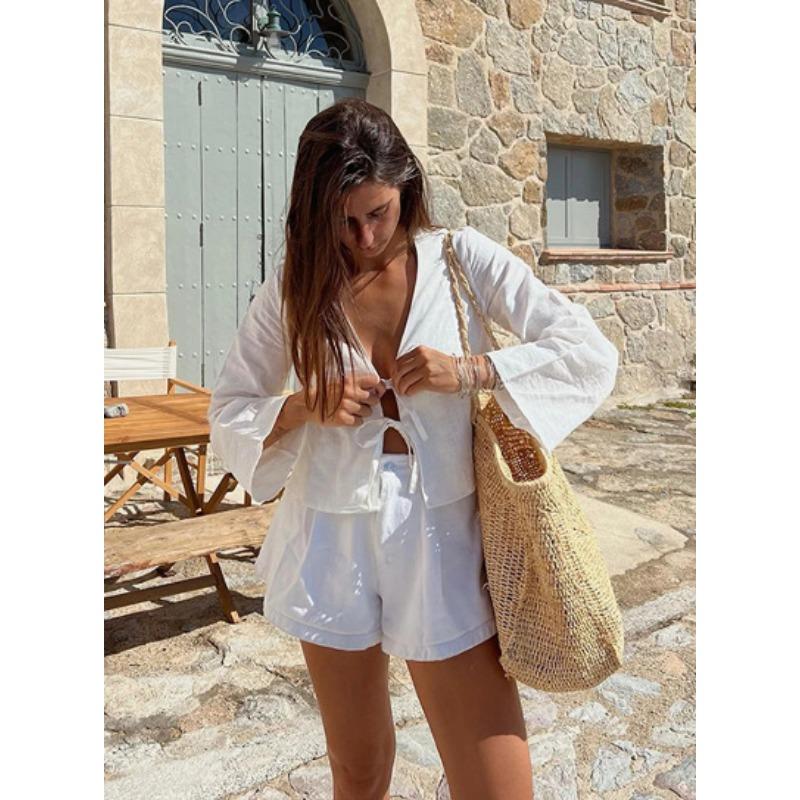 Fashion Deep V Neck Flared Long Sleeve Women Shirt Casual Loose Lace-up Blouse Elegant Sweet Office Top Solid Color Streetwear Women's Clothing