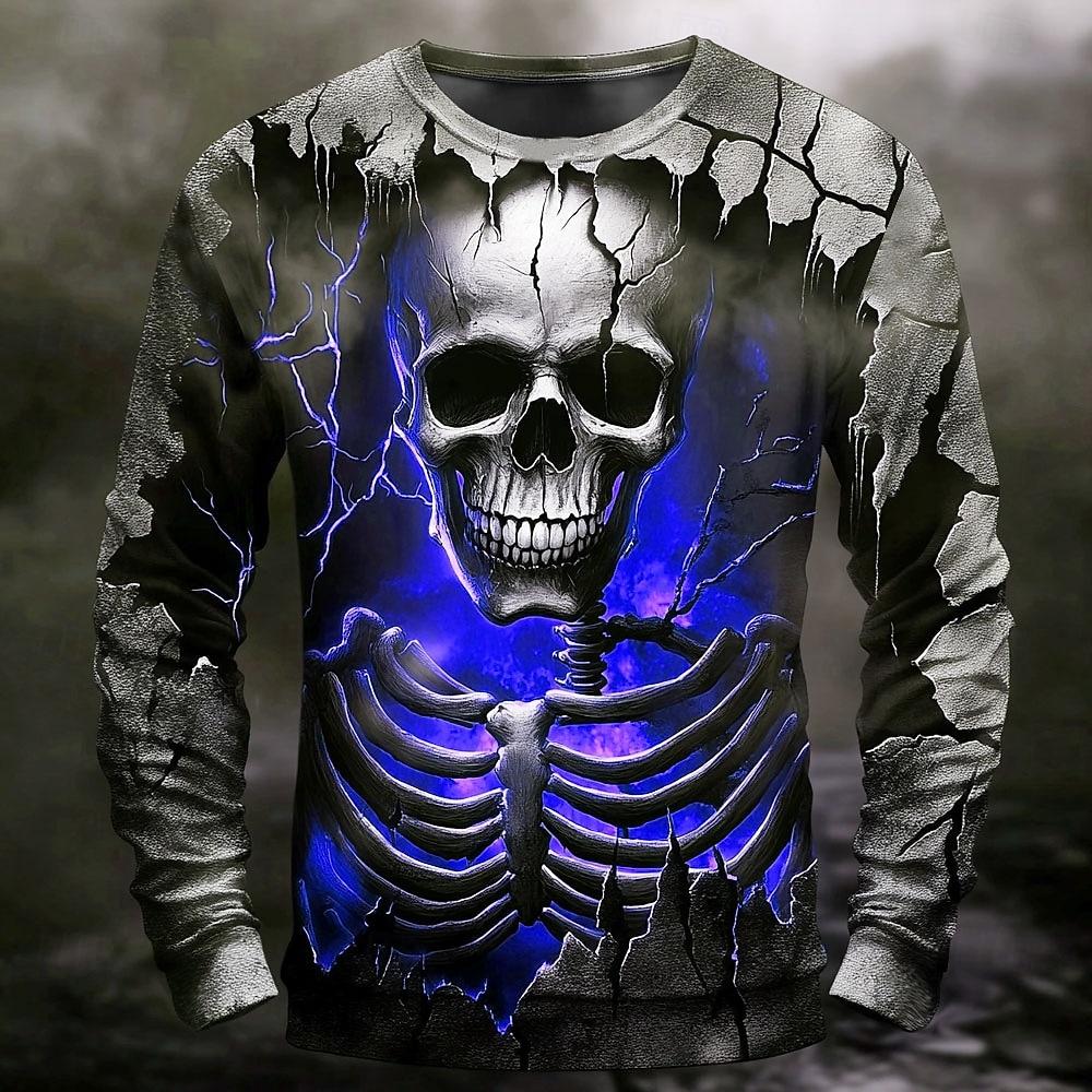 2025 Fall Winter Fashion Skeleton Prints Long Sleeve T-Shirts for Men Gothic Trendy Streetwear Casual Tops Halloween Party Tee