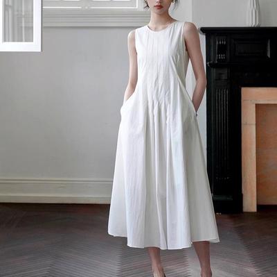 Sleeveless White Pleated A-Line Summer Dress for Women