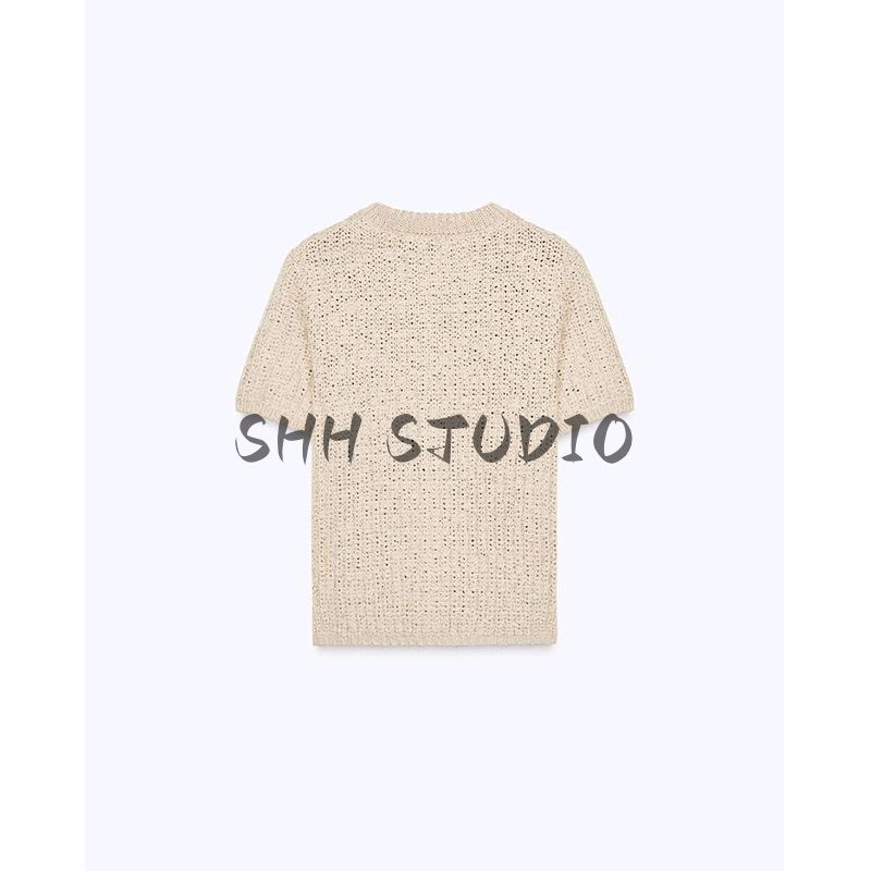 Spring and Summer Women clothes Simple Style Short sleeve round Neck Organza Bowknot Decoration Knitted Outerwear 2756009