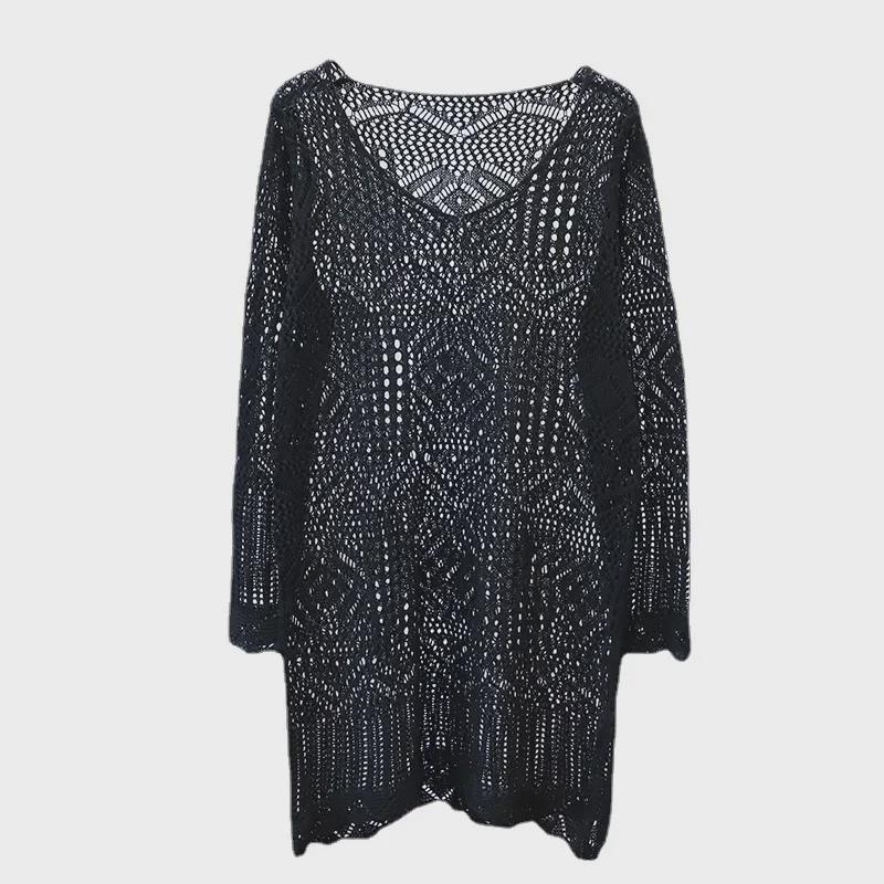 2024 Exklusives weißes Strandkleid aus Hohlspitze, gestrickt – Rundhalsausschnitt, sexy Blusenrock