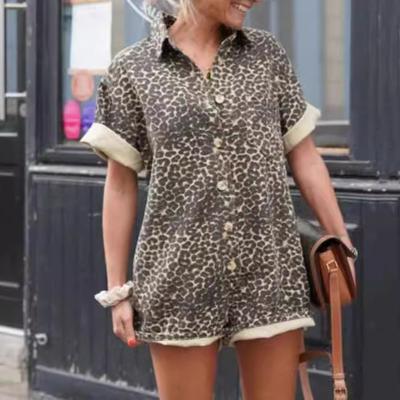Women Summer Romper Leopard Print Short Sleeves Turn-down Collar Short Sleeves Single-breasted Loose Vacation Style Short Romper