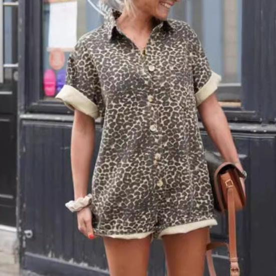 Women Summer Romper Leopard Print Short Sleeves Turn-down Collar Short Sleeves Single-breasted