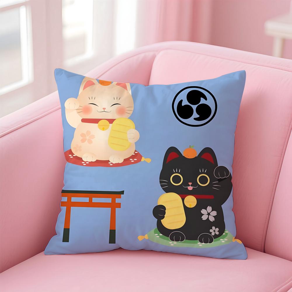Rich Luck Maneki  neko Cushion Cover Linen Pillowcase Cover Soft Decor for Sofa Home Room