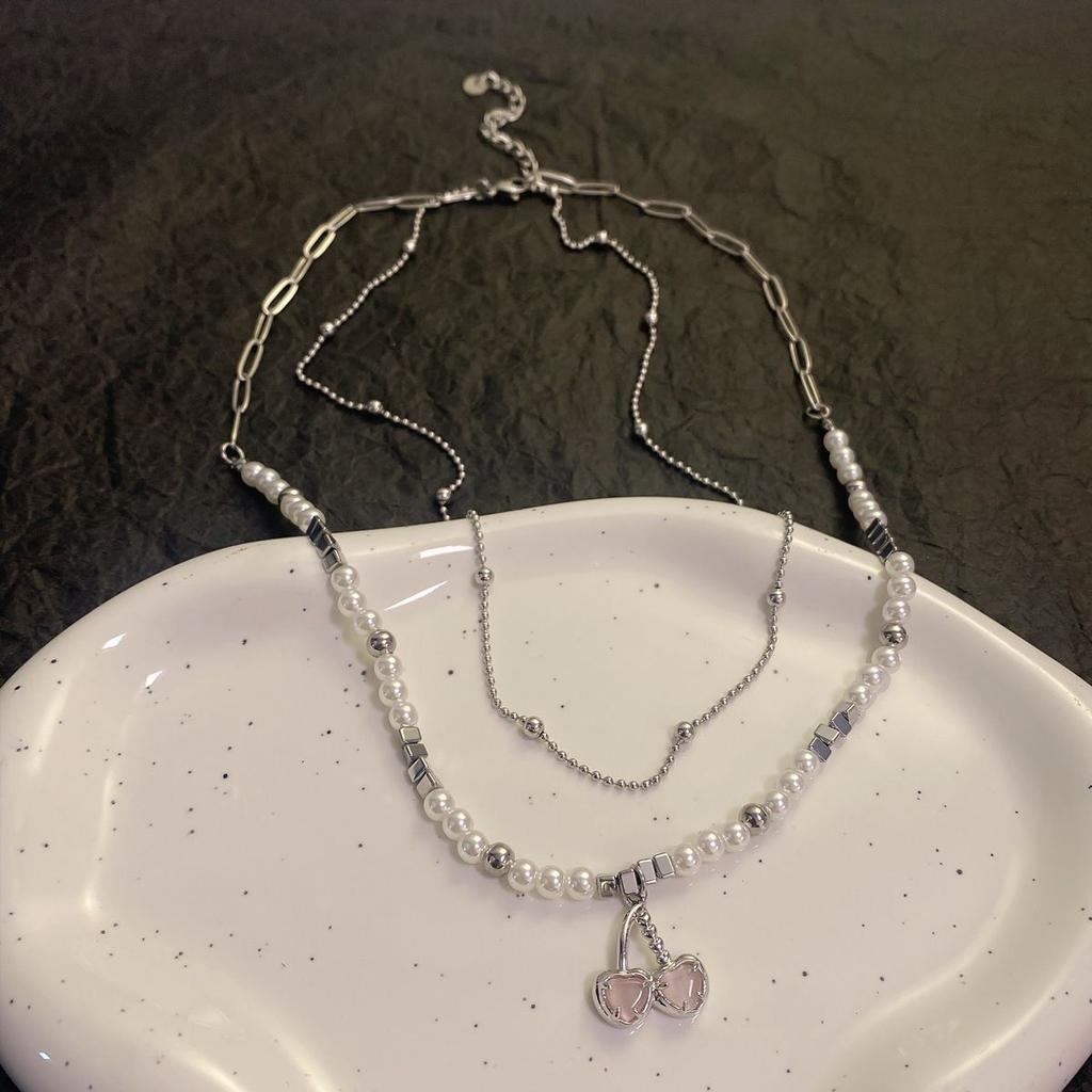 Pearl Cherry Necklace Women's Tide Double Layer Stacked Beaded Sweet Cool Sweater Chain Metal Accessories Niche Clavicle Chain Neck Chain