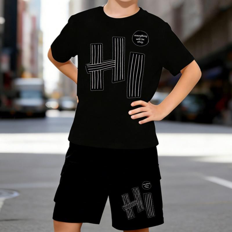 

Boys 2 Piece Entrepreneurship HI Letter Print Outfit, Short Sleeve T-Shirt and Shorts Set for Kids Age 5-14, White Sporty Casual Summer Clothes 5-6 Years чёрный
