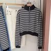 Women's Striped Half-Zip Cropped Hoodie - 2023 Autumn/Winter Long-Sleeve Loose Casual Top