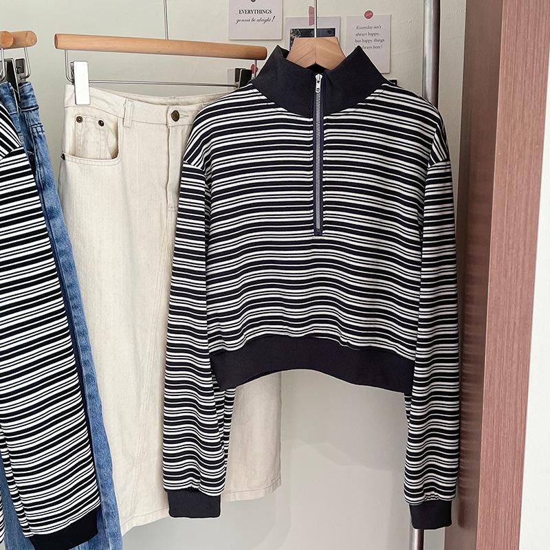 Women's Striped Half-Zip Cropped Hoodie - 2023 Autumn/Winter Long-Sleeve Loose Casual Top