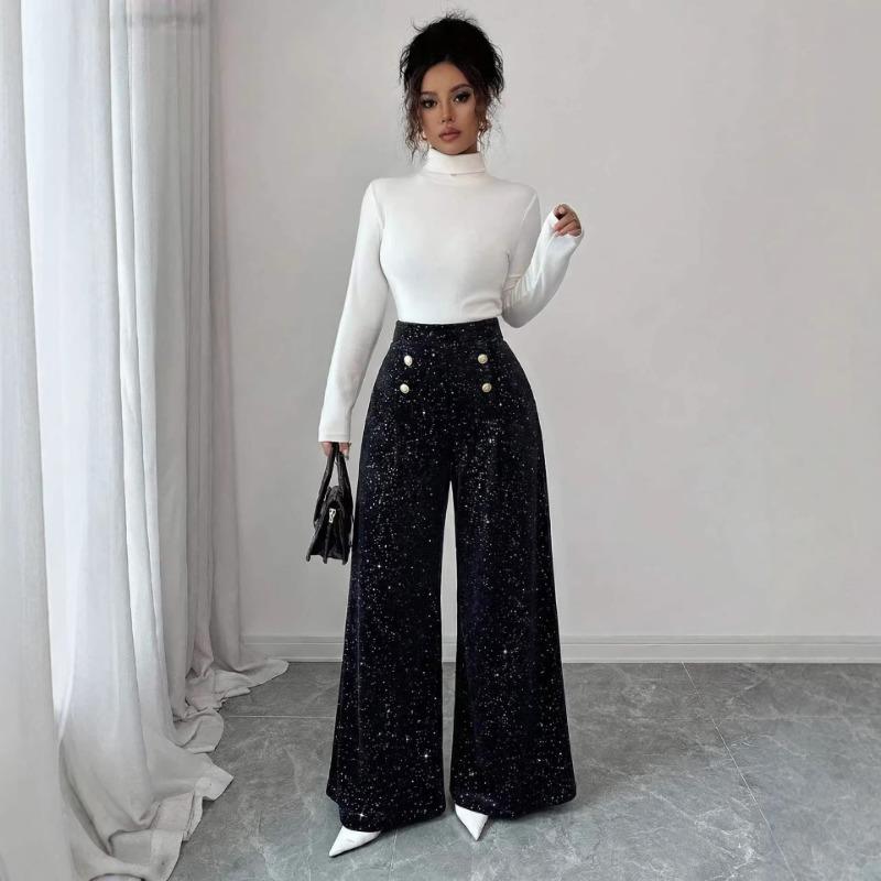 

Popular Spring and Summer New Style Drapey Rhinestone Decorated Pants High Waist Sequined Wide Leg Pants for Women S чёрный