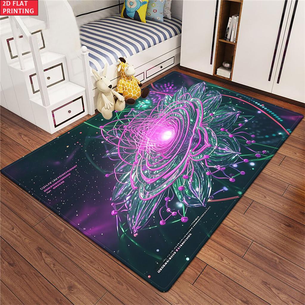 Neon Mandala Flower Area Rug, Psychedelic Galaxy Carpet for Living Room, Non-slip Boho Starry Sky Floor Mat for Bedroom Decor