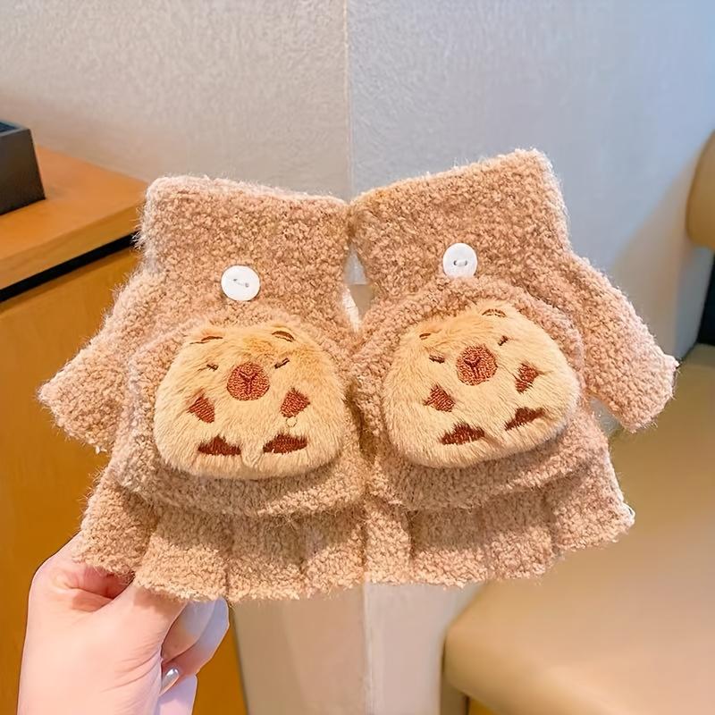 

Flip-On Winter Gloves with Cookie Capybara Design Thickened Half-Finger Soft Fabric Elastic Cuffs for Cold Weather Play оранжевый